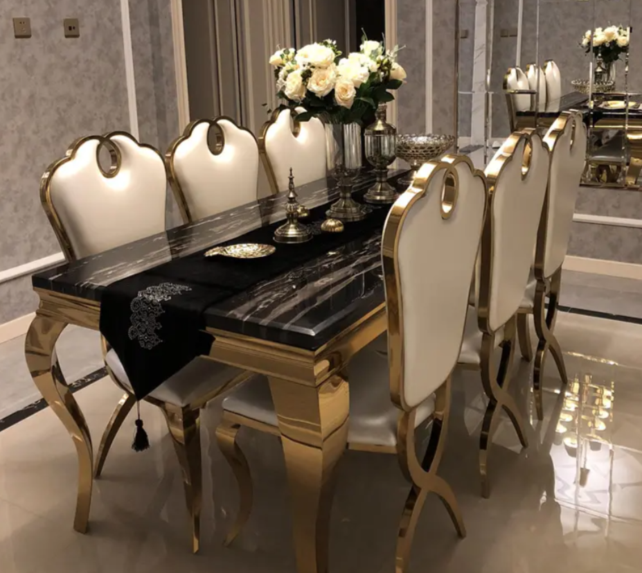 💎 Royale Luxe™ Golden Marble Dining Set – 6/8 Seater | Modern Wedding & Villa Elegance