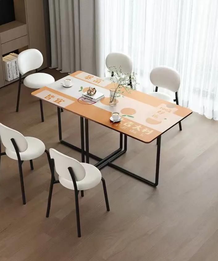 Rustic Charm Meets Modern Style – 6-Seater Wood Dining Table Set with Sleek Metal Chairs