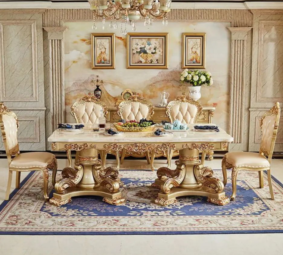 Majestic European Marble Dining Set – Hand-Carved Solid Wood Rectangular Table & Chairs for Villa, Restaurant & Luxury Homes