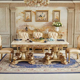 Majestic European Marble Dining Set – Hand-Carved Solid Wood Rectangular Table & Chairs for Villa, Restaurant & Luxury Homes