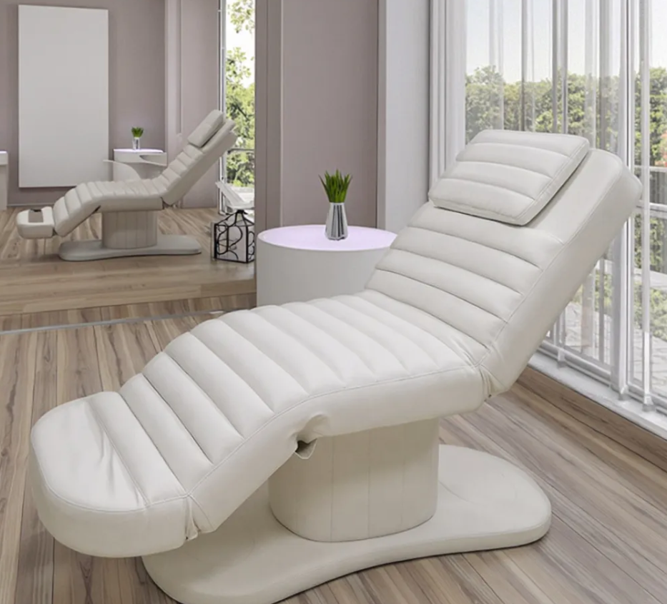 PureGlow™ 3-Motor Electric Facial & Spa Bed – Modern White Leather Massage Table