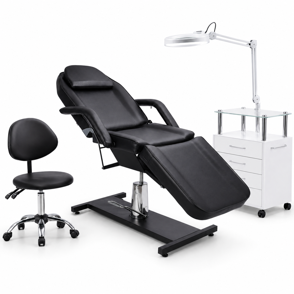 Luxury Hydraulic Facial Bed Set with Stool, Trolley & LED Magnifying Lamp