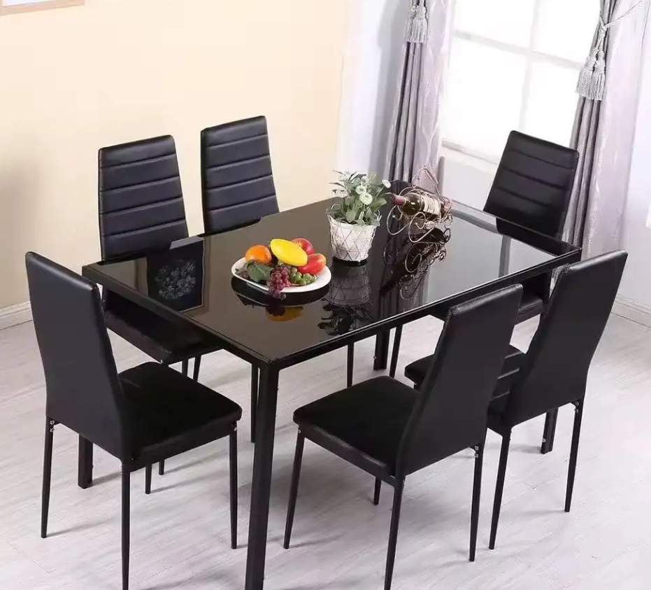 ✨ NordicGlow™ 6-Seater Glass Dining Set – PU Leather Chairs & Sleek Black Table | Modern Kitchen & Dining Elegance
