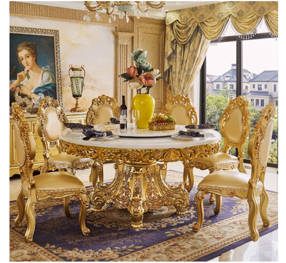 Imperial European Royal Marble Dining Set – Hand-Carved Antique Gold Solid Wood Round Table for 8