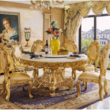 Imperial European Royal Marble Dining Set – Hand-Carved Antique Gold Solid Wood Round Table for 8