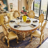 Imperial European Royal Marble Dining Set – Hand-Carved Antique Gold Solid Wood Round Table for 8