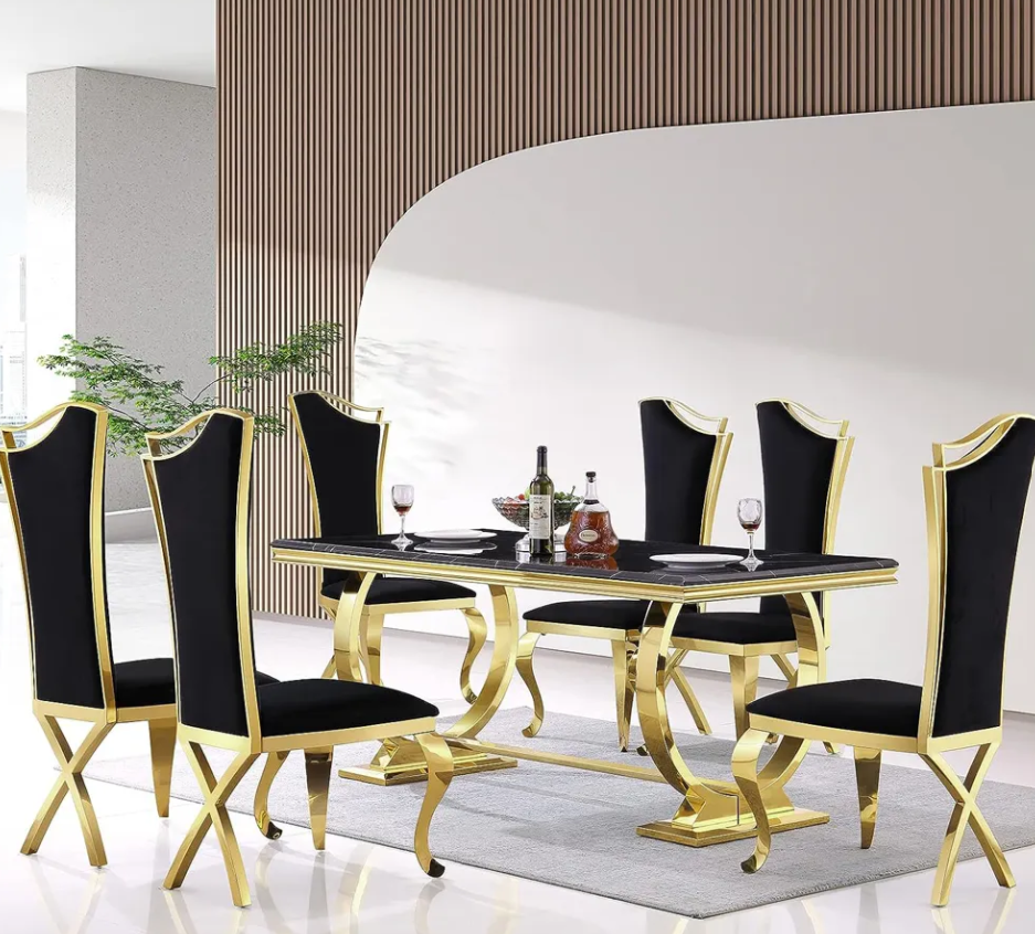 🪙 Gold Elegance: Modern Luxury Marble Dining Table Set – Rectangular Metal Frame